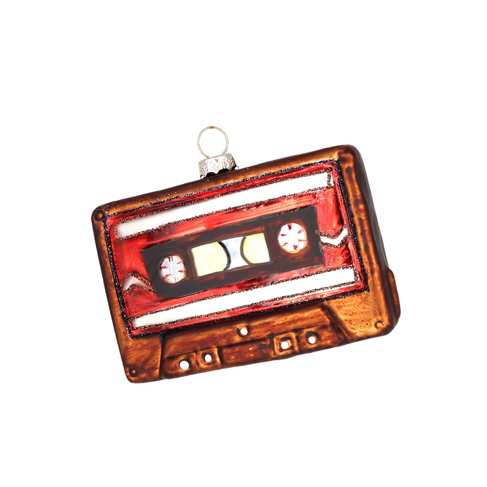 Chive glass cassette tape ornament shown at a slight angle with glittered edge trim.