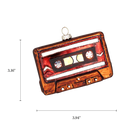 Chive glass cassette tape ornament with a dimension diagram showing its compact size.