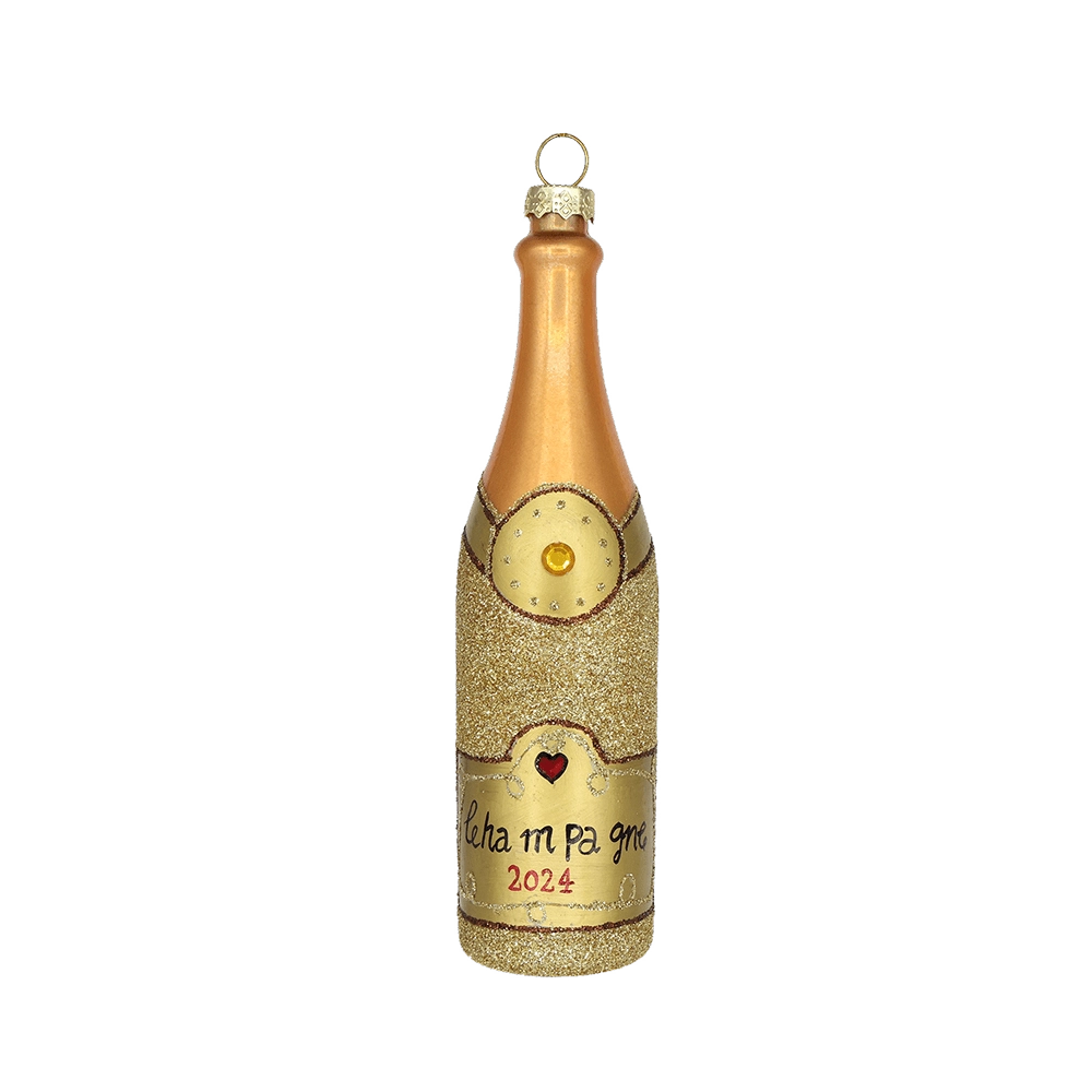 Chive glass champagne bottle ornament in gold with a glittered label and red heart detail.