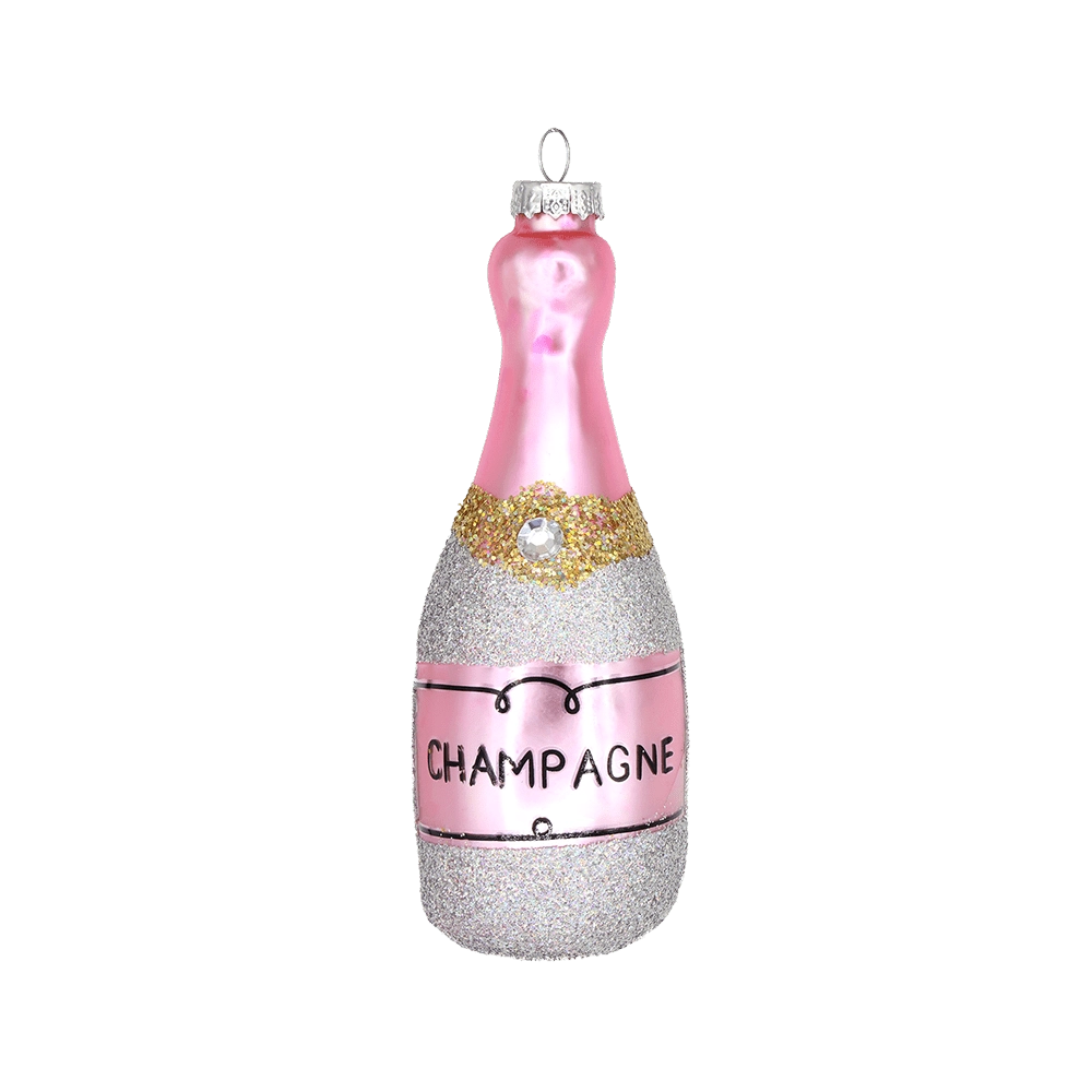 Chive glass champagne bottle ornament in pink with silver glitter and a gem accent.