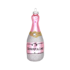 Chive glass champagne bottle ornament in pink with silver glitter and a gem accent.