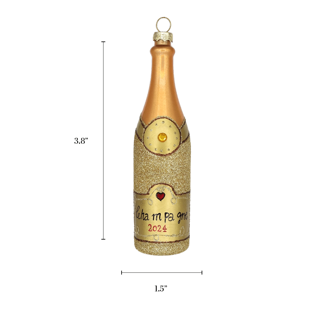 Chive glass champagne bottle ornament with a dimension diagram showing its slim silhouette.
