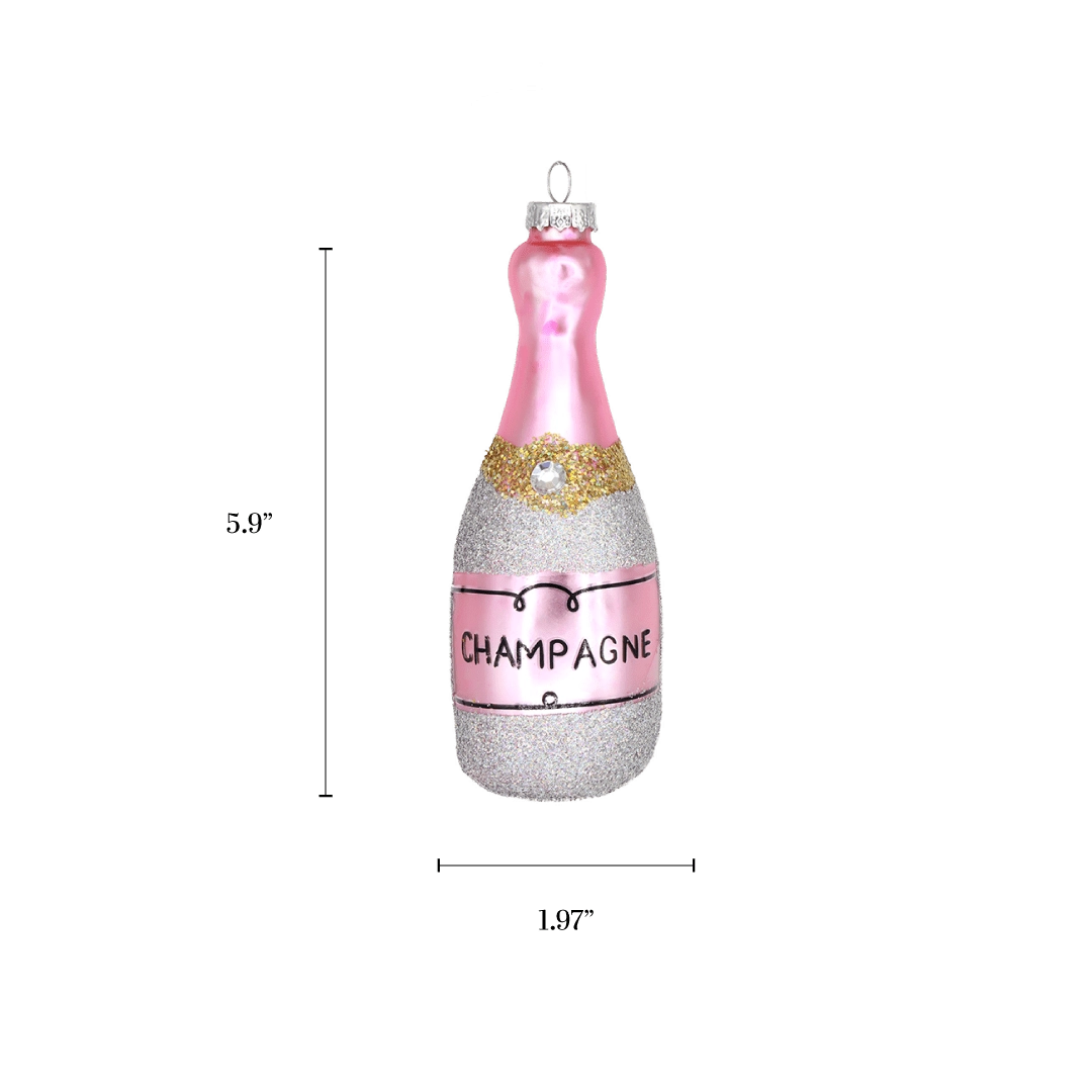 Chive glass champagne bottle ornament with a dimension diagram showing its tall size.