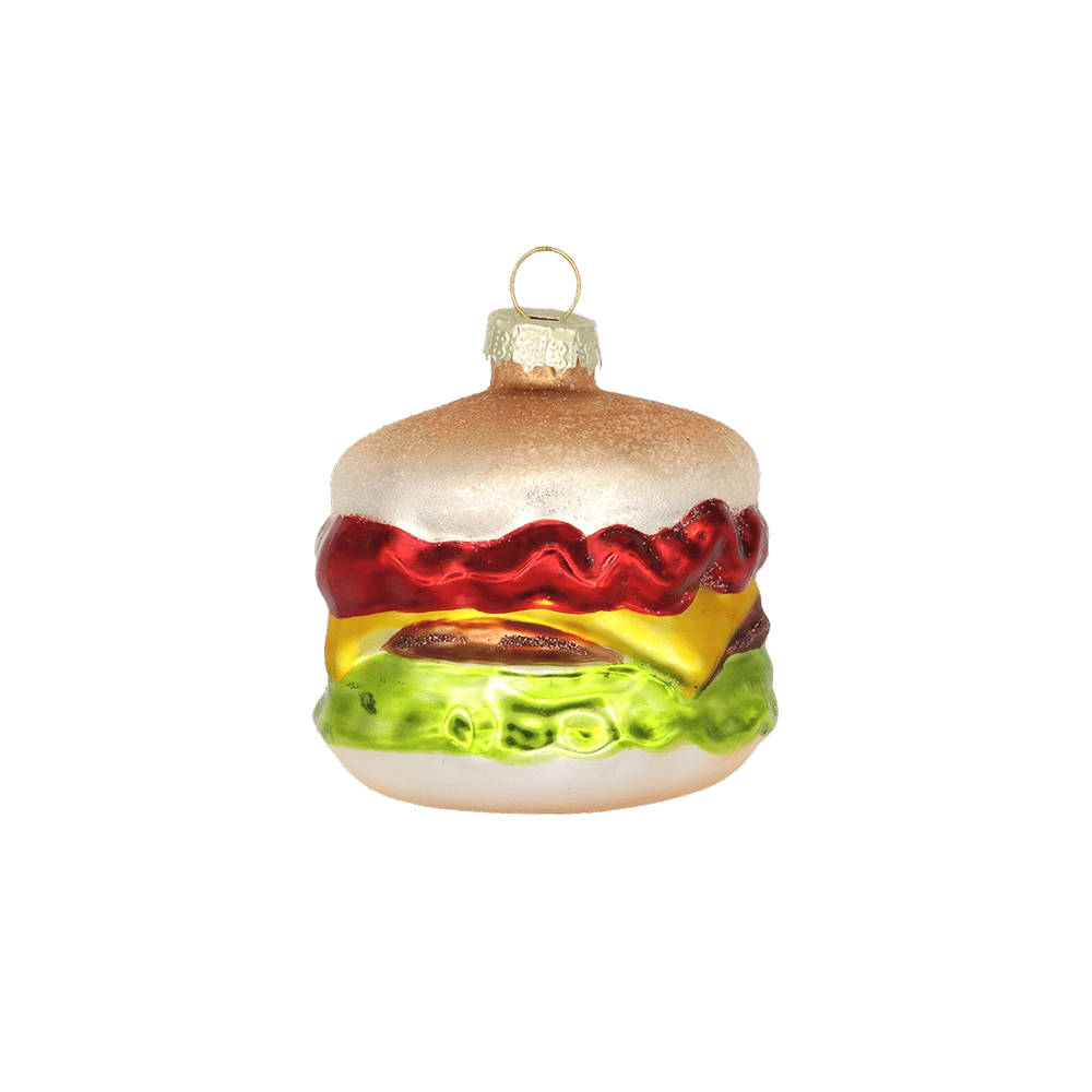 Chive glass cheeseburger ornament with layered lettuce, cheese, and ketchup detail.