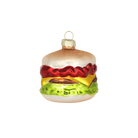 Chive glass cheeseburger ornament with layered lettuce, cheese, and ketchup detail.
