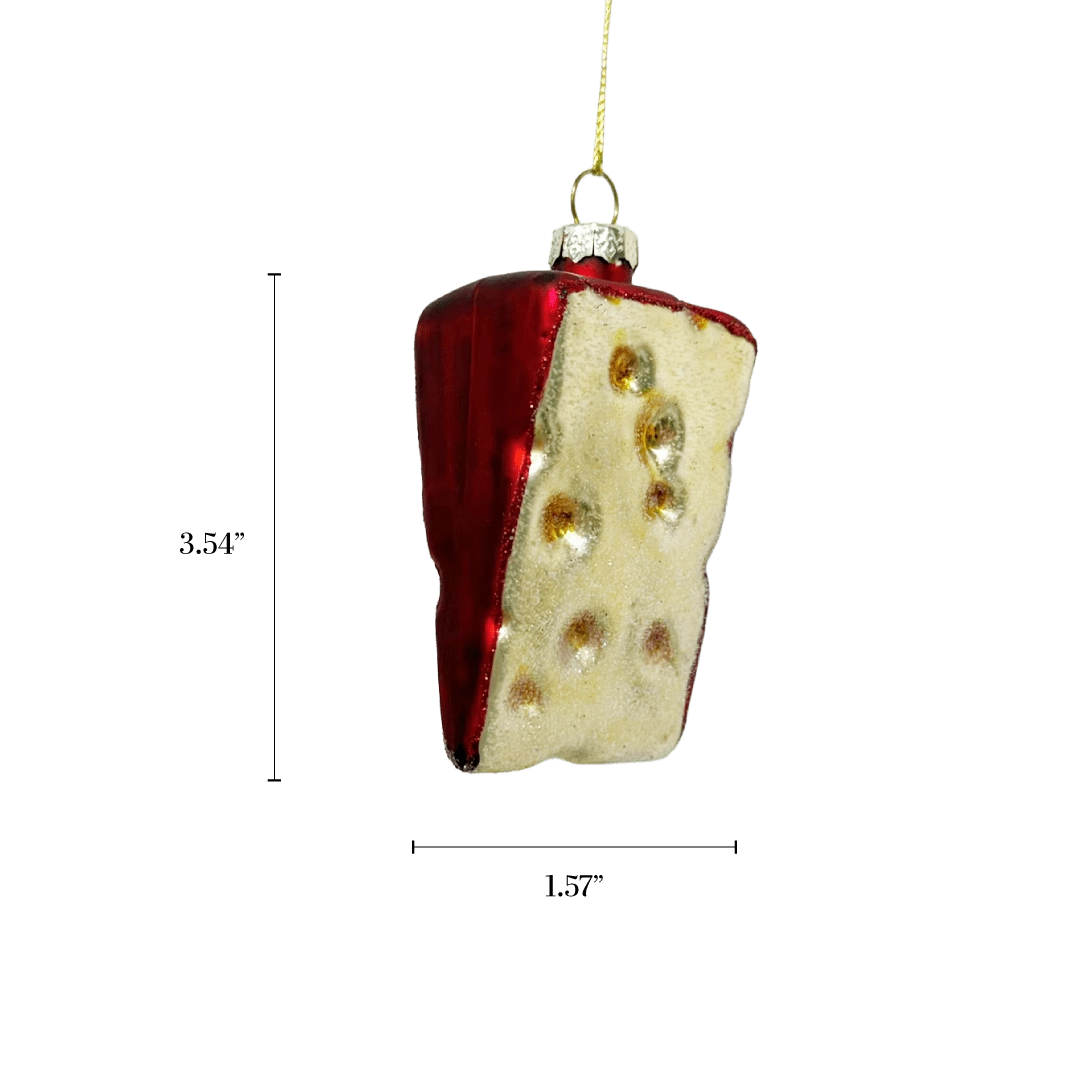Chive glass cheese wedge ornament in red rind with golden holes.
