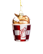 Chive glass chicken bucket ornament in red check with golden fried pieces.