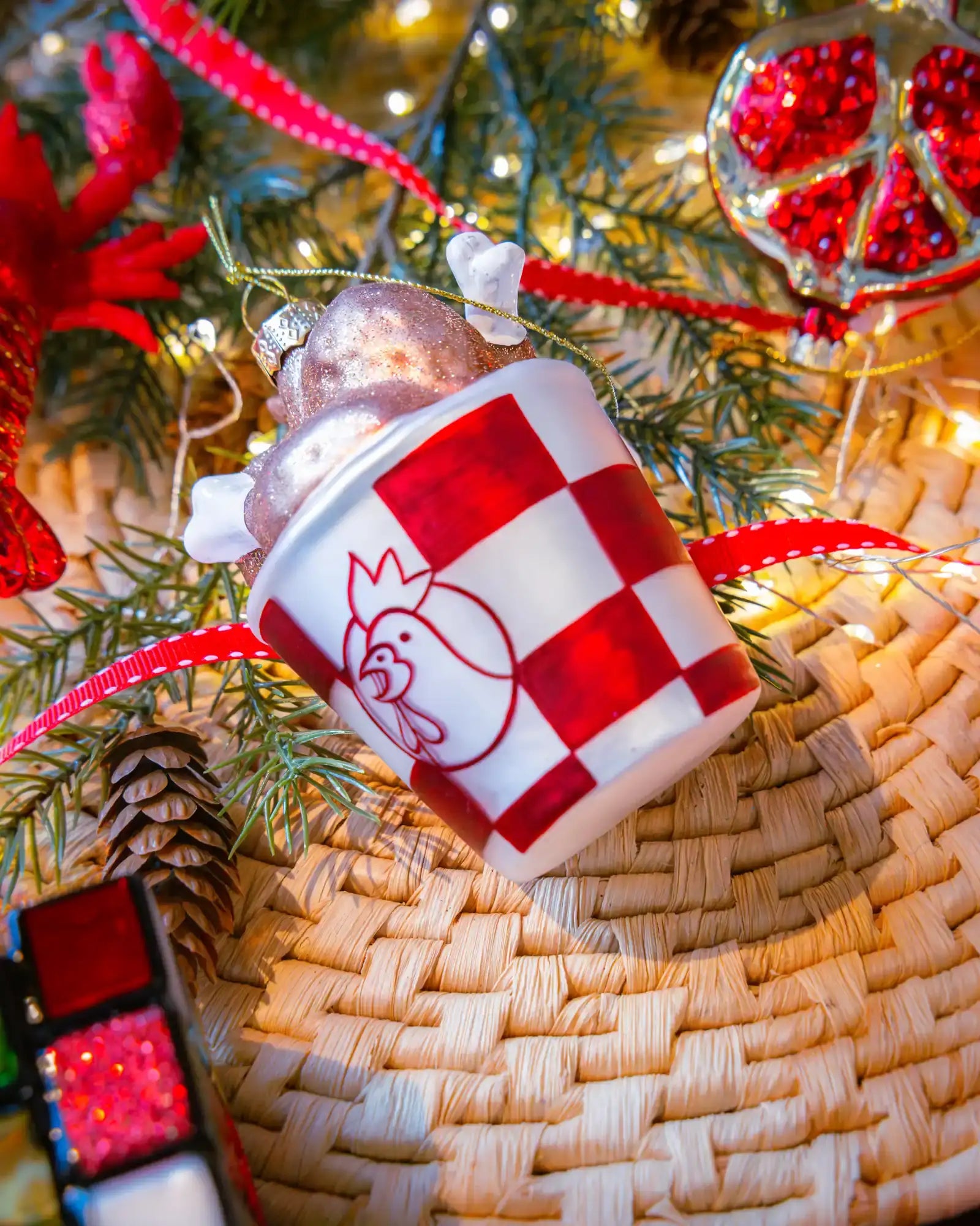 Chive glass chicken bucket ornament in red checkered pattern on a holiday tree.
