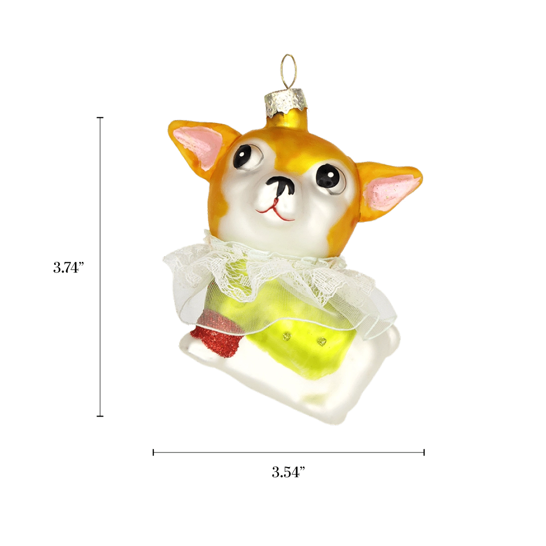 Chive glass Chihuahua ornament with a dimension diagram showing its expressive face detail.