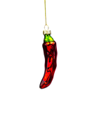 Chive glass chili pepper ornament in red with a green stem cap.