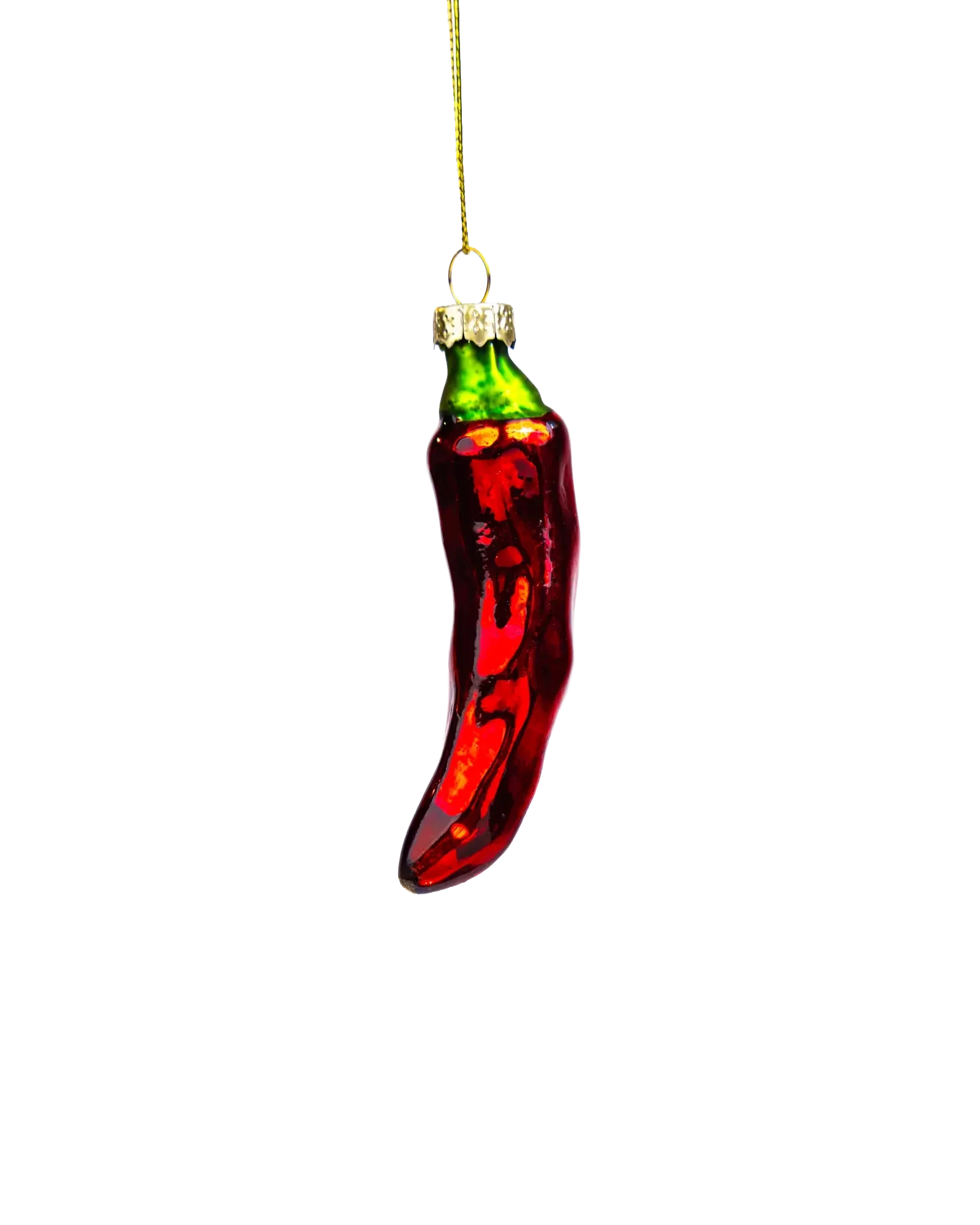 Chive glass chili pepper ornament in red with a green stem cap.