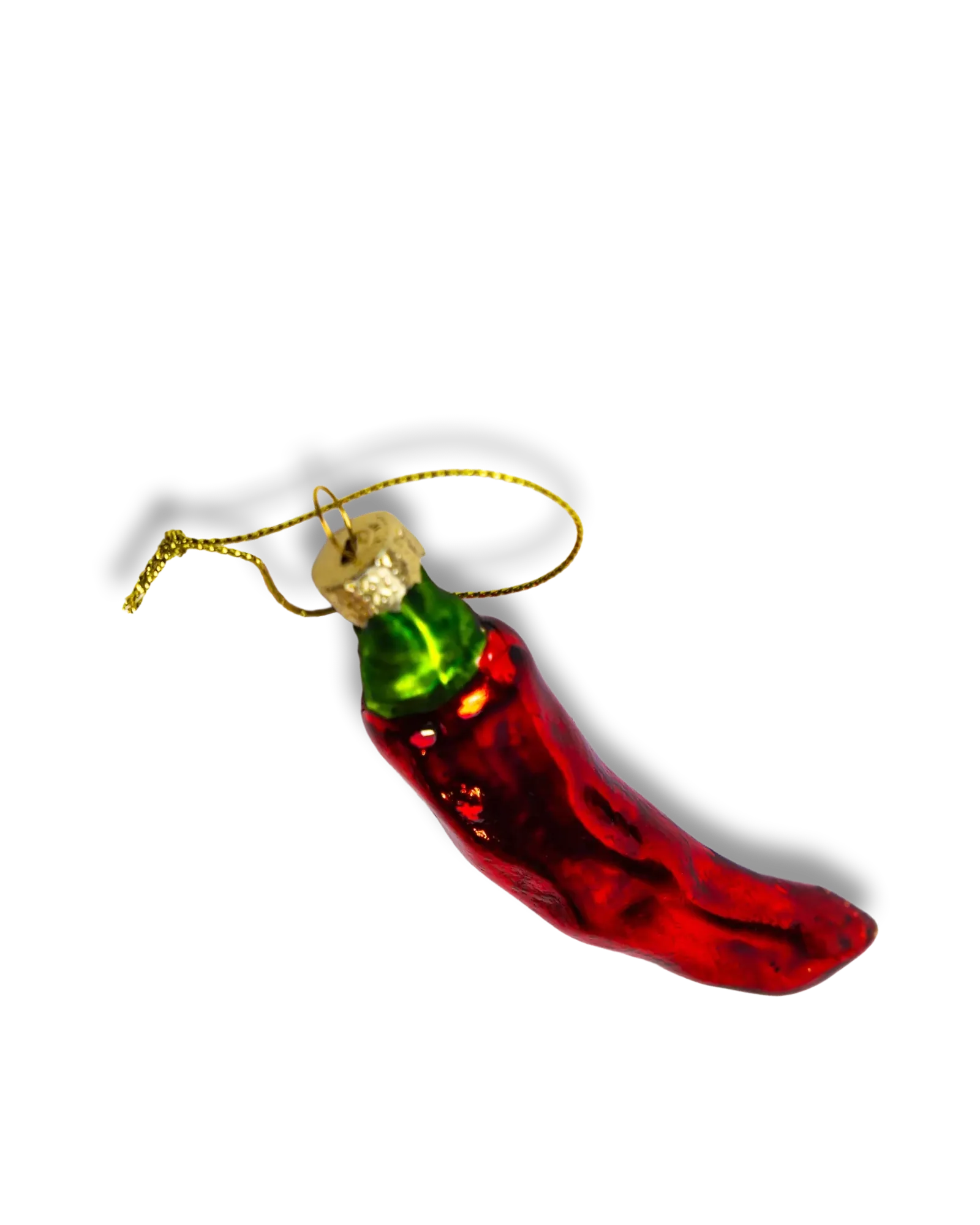 Chive glass chili pepper ornament showing its curved tapered body.