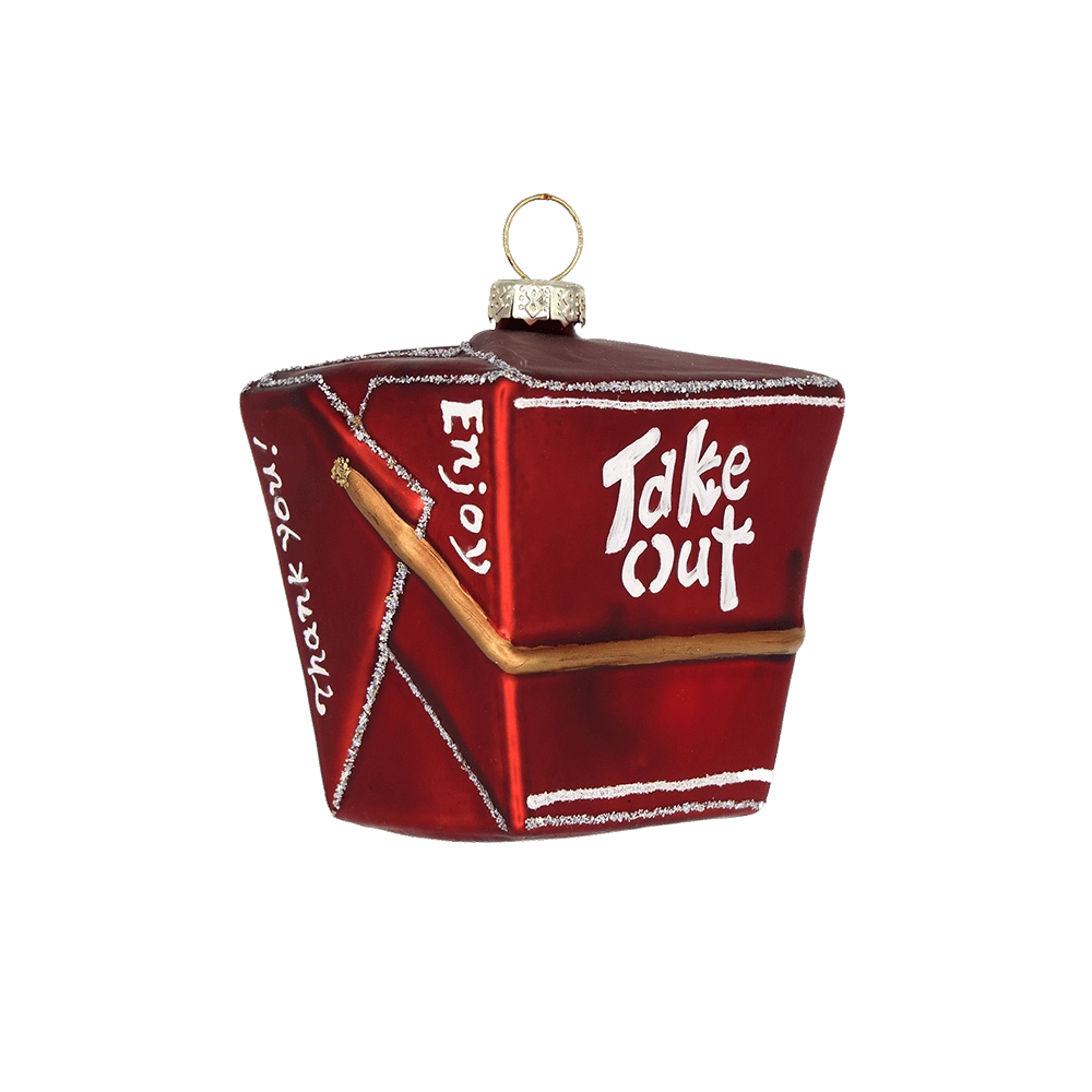 Chive glass Chinese takeout box ornament in red with "Take Out" lettering and chopsticks.