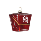 Chive glass Chinese takeout box ornament in red with "Take Out" lettering and chopsticks.