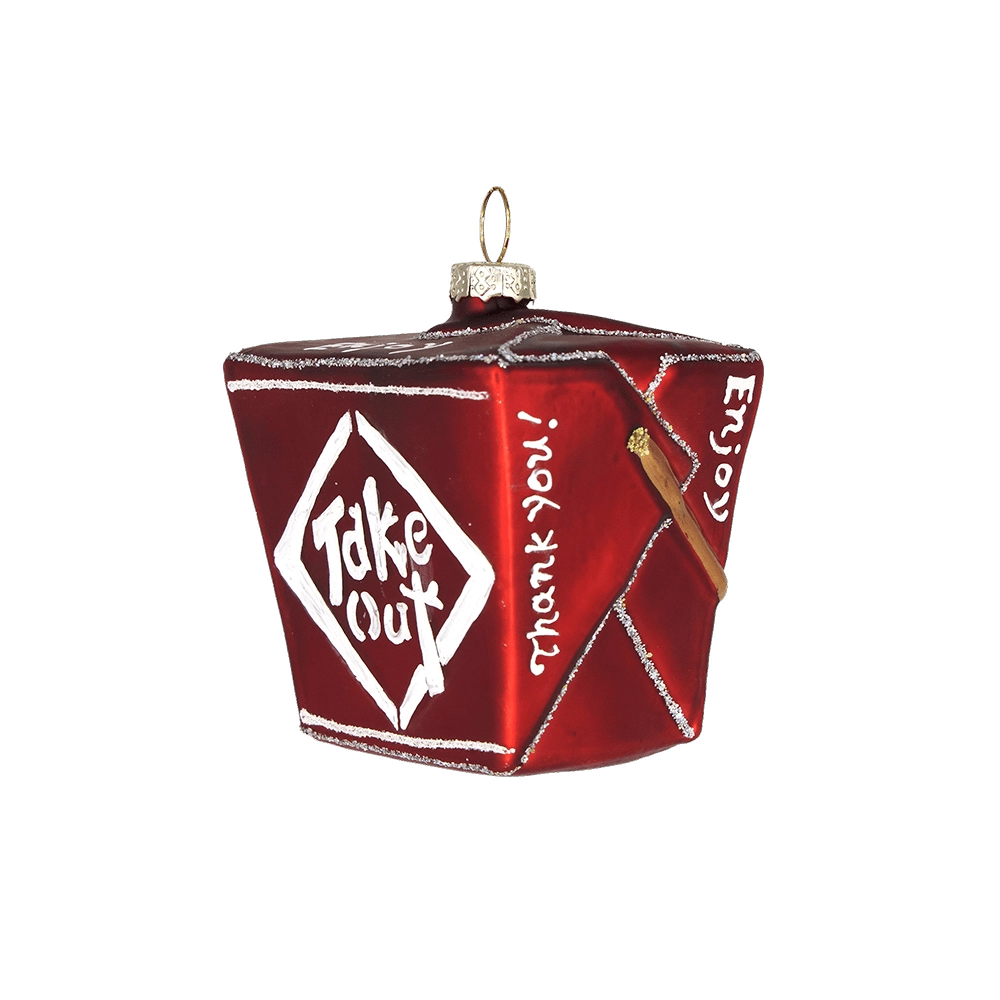 Chive glass takeout box ornament shown at an angle with "Thank You" and "Enjoy" text.