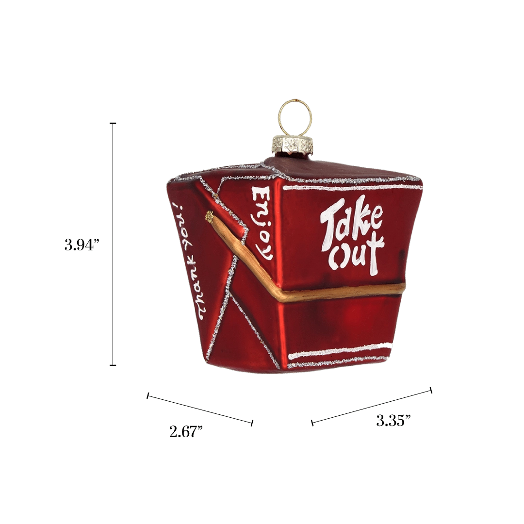 Chive glass takeout box ornament with a dimension diagram showing its wide carton size.