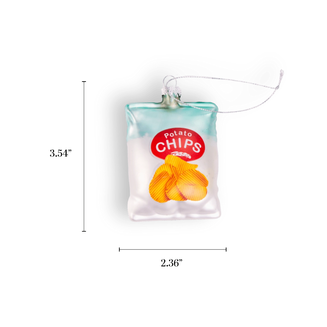 Chive glass potato chip bag ornament, dimension view with red logo label.