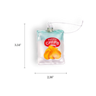 Chive glass potato chip bag ornament, dimension view with red logo label.