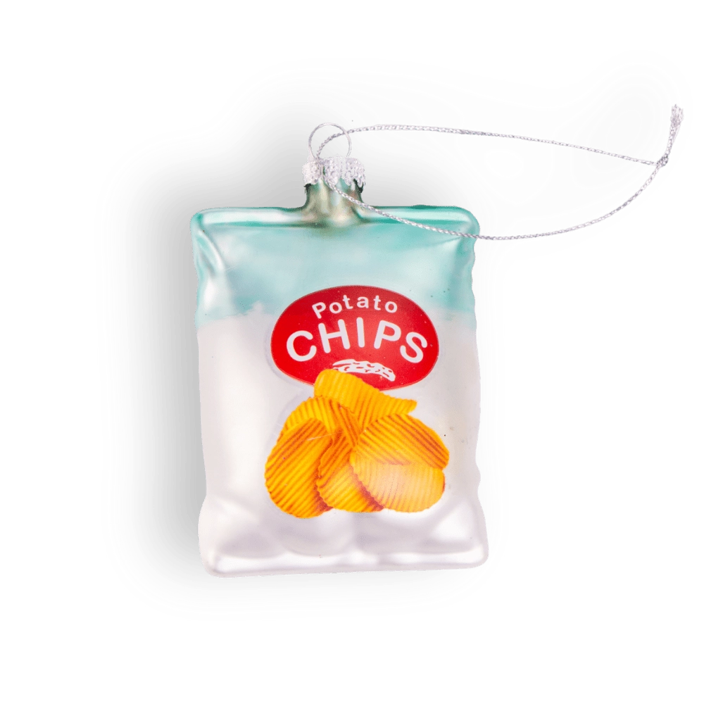 Chive glass potato chip bag ornament in frosted white with teal top seal.