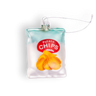 Chive glass potato chip bag ornament in frosted white with teal top seal.