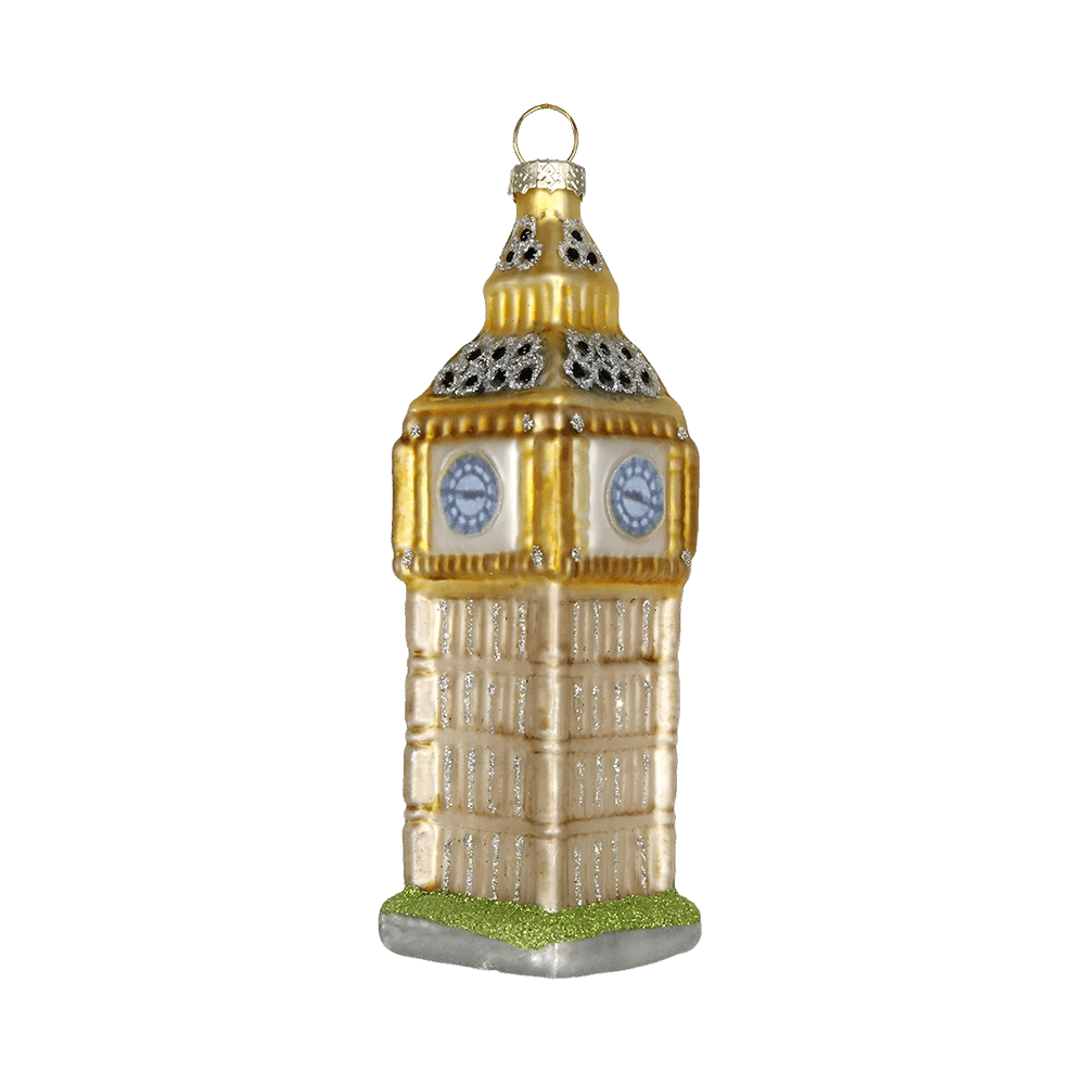 Chive glass clock tower ornament in gold tones with glittered spire and blue-faced clocks.