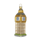 Chive glass clock tower ornament in gold tones with glittered spire and blue-faced clocks.