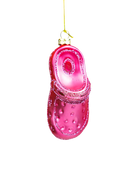 Chive glass clog shoe ornament showing its glittered strap detail.