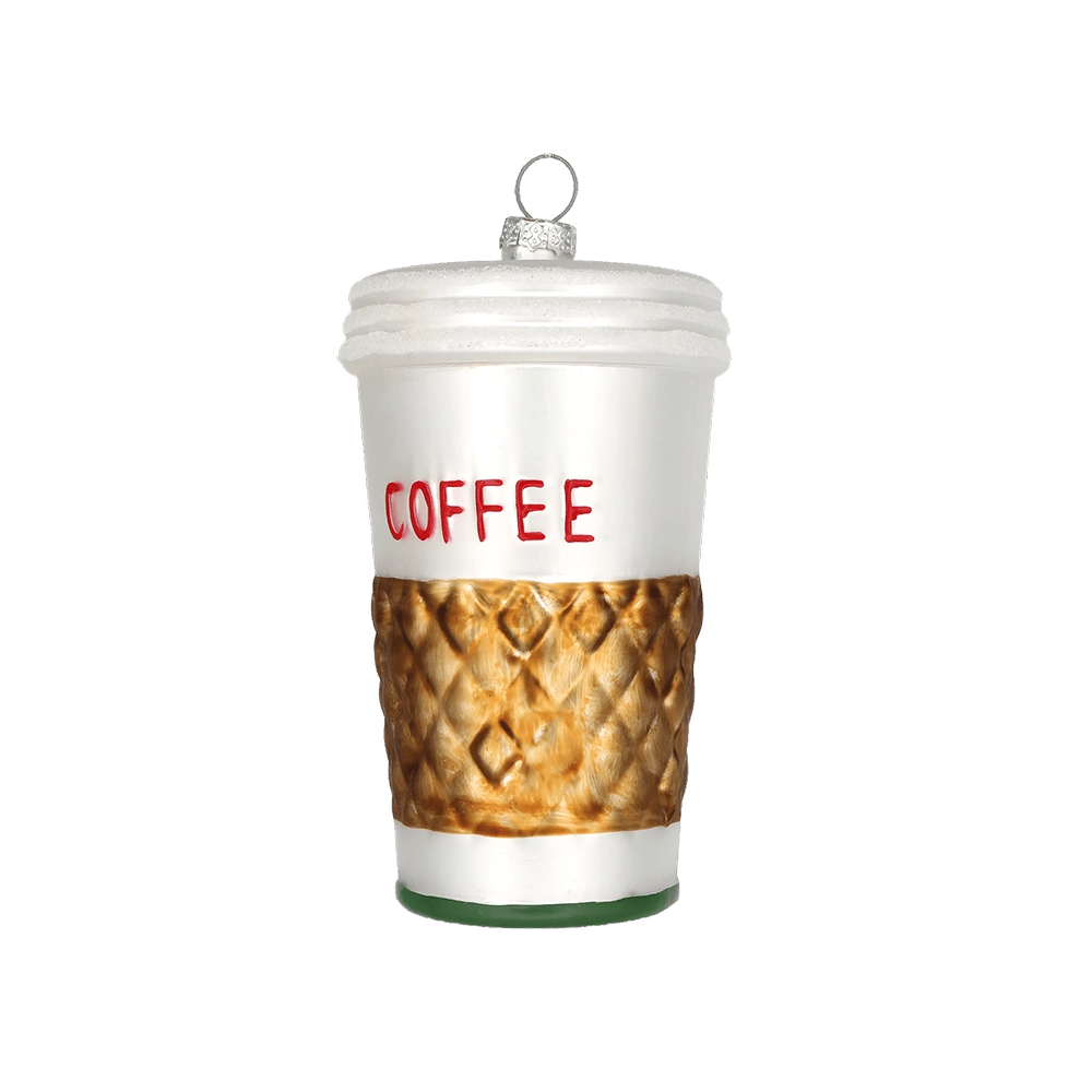 Chive glass coffee cup ornament in white with a textured gold sleeve and "Coffee" label.