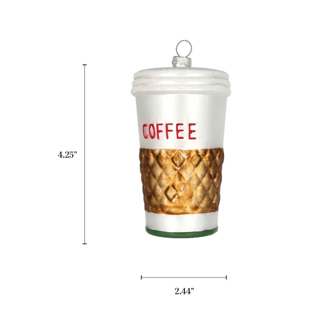 Chive glass coffee cup ornament with a dimension diagram showing its tall cup shape.