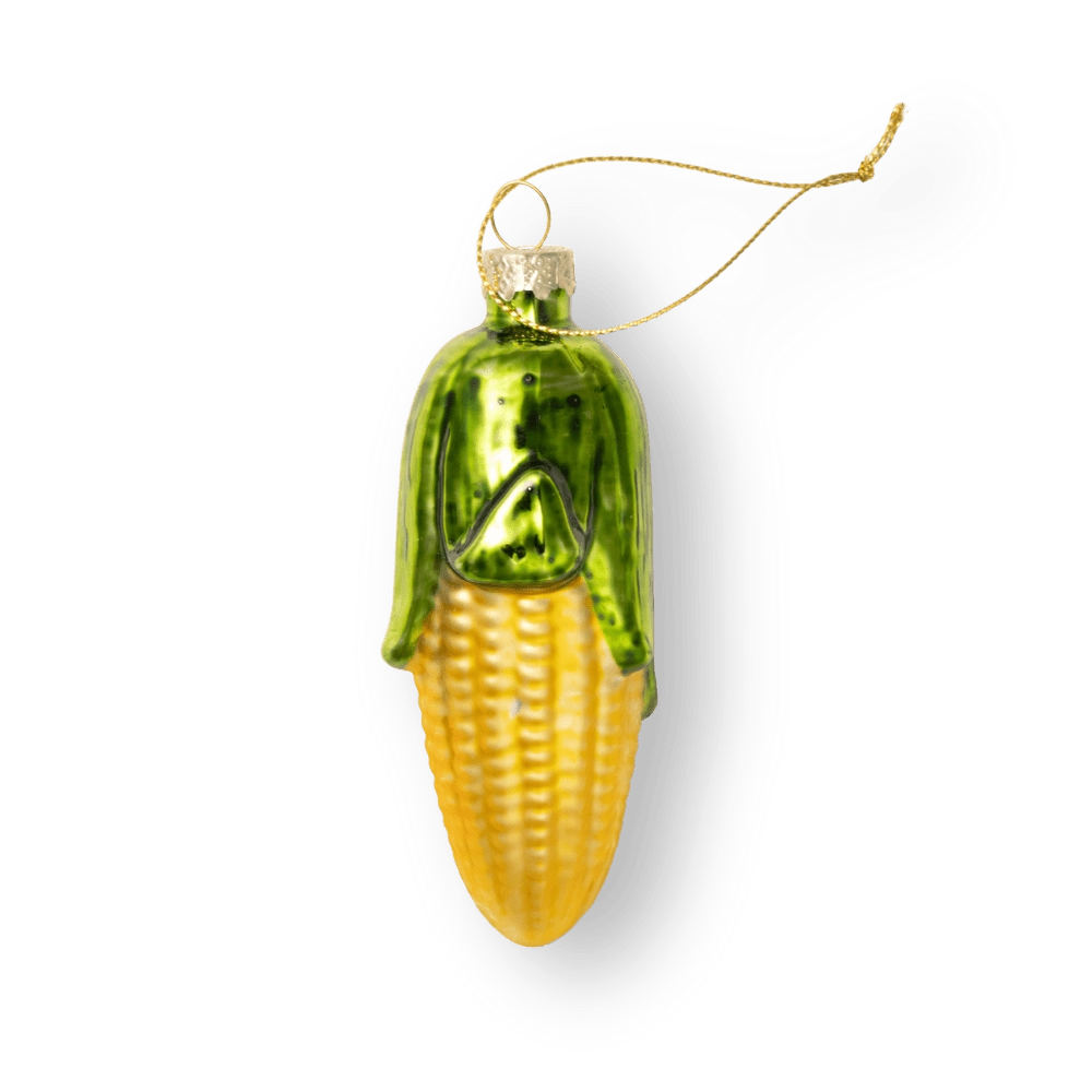 Chive glass corn ornament in yellow with a textured kernel pattern.