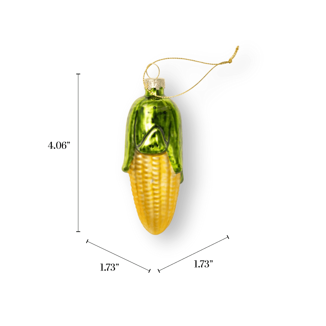 Chive glass corn ornament in yellow with a peeled green husk detail.