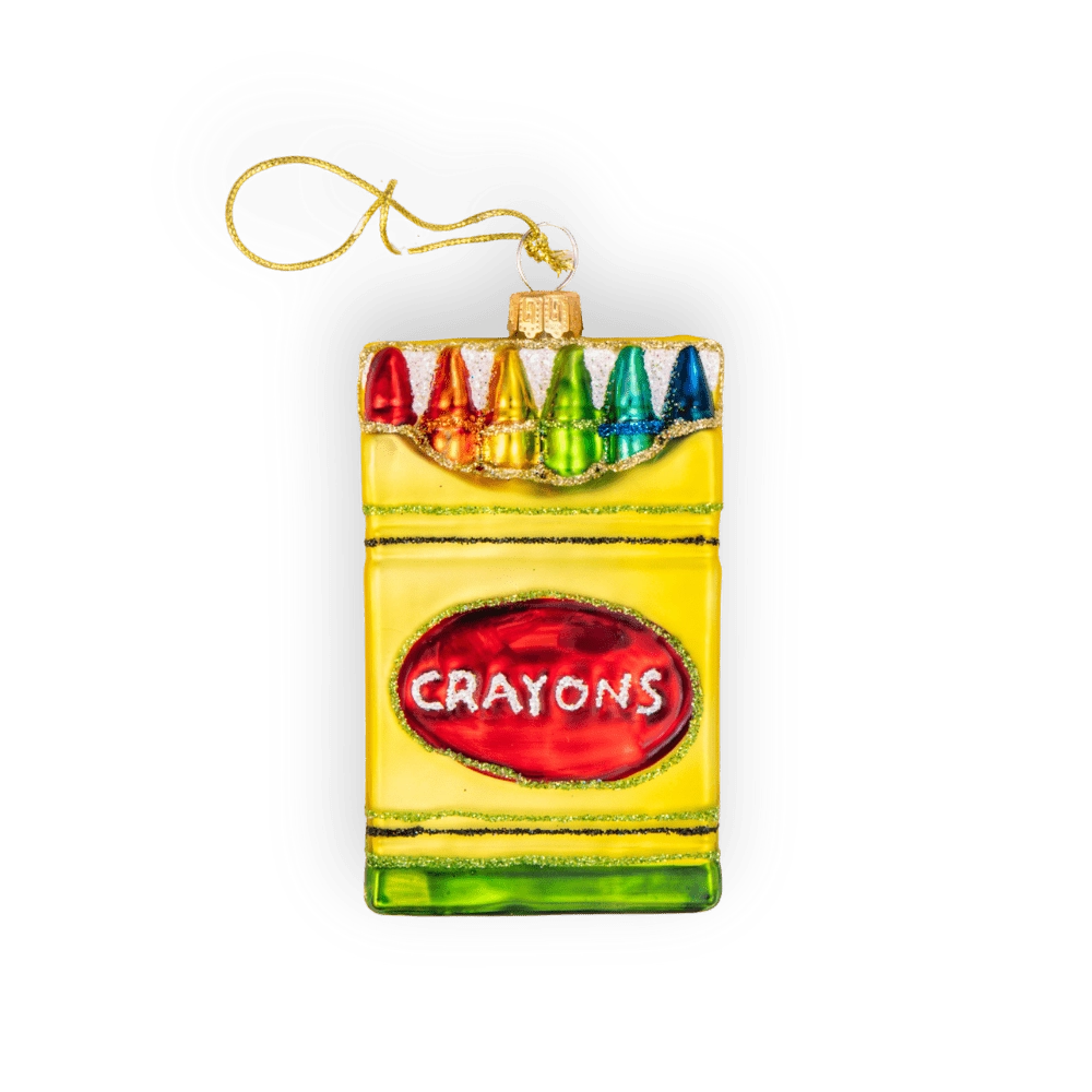 Chive glass crayon box ornament with a red "Crayons" label and glitter trim.