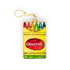 Chive glass crayon box ornament with a red "Crayons" label and glitter trim.