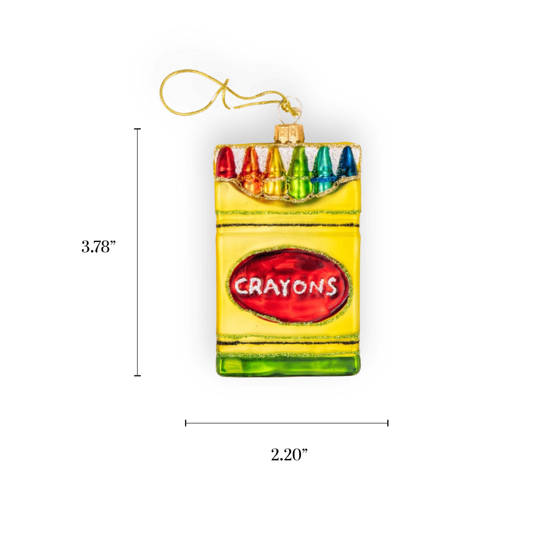 Chive glass crayon box ornament in yellow with rainbow crayon tips.