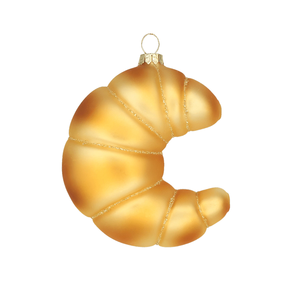 Chive glass croissant ornament in matte gold with glittered fold lines and a curved shape.
