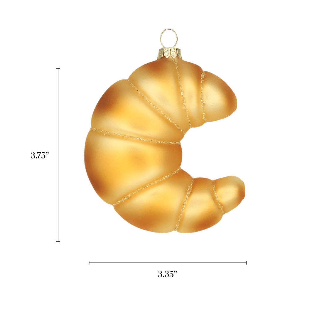 Chive glass croissant ornament with a dimension diagram showing its curved crescent shape.
