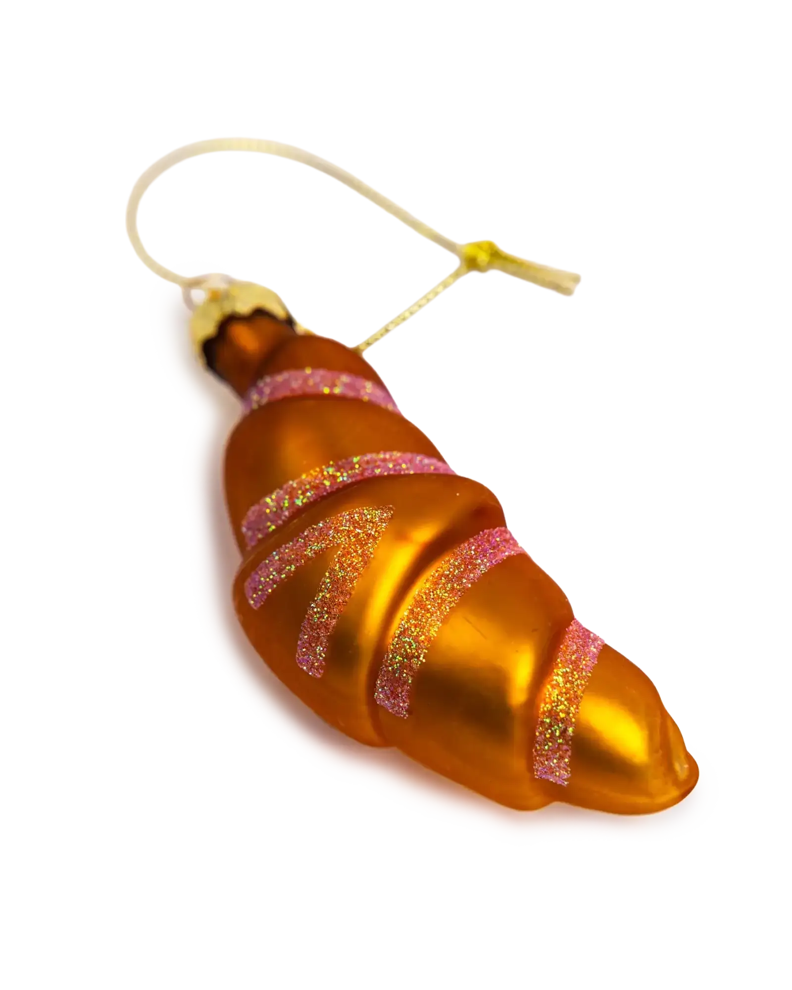 Chive glass croissant ornament in gold with glittered pink stripes.