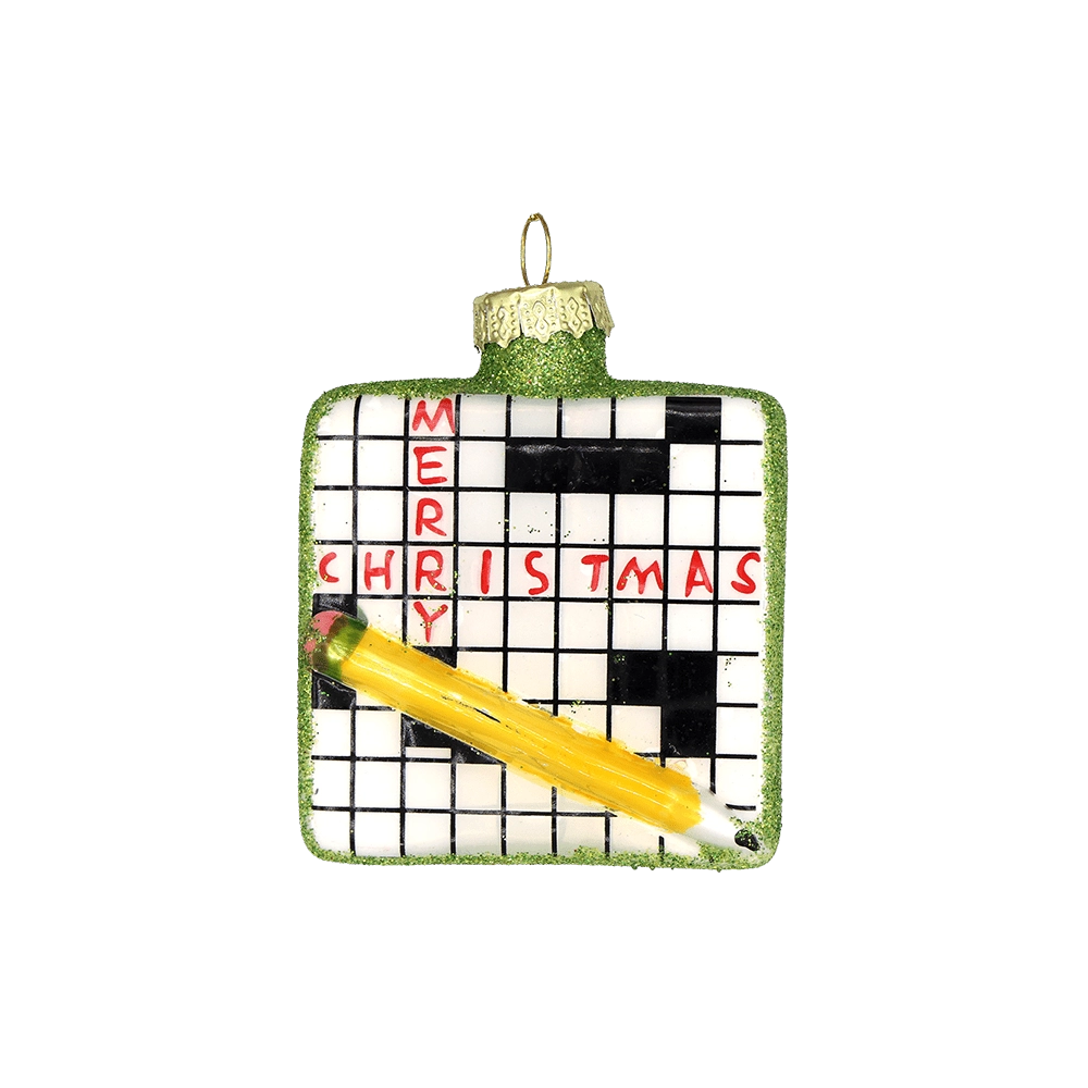 Chive glass crossword puzzle ornament with "Merry Christmas" spelled in red squares.