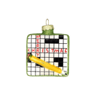 Chive glass crossword puzzle ornament with "Merry Christmas" spelled in red squares.