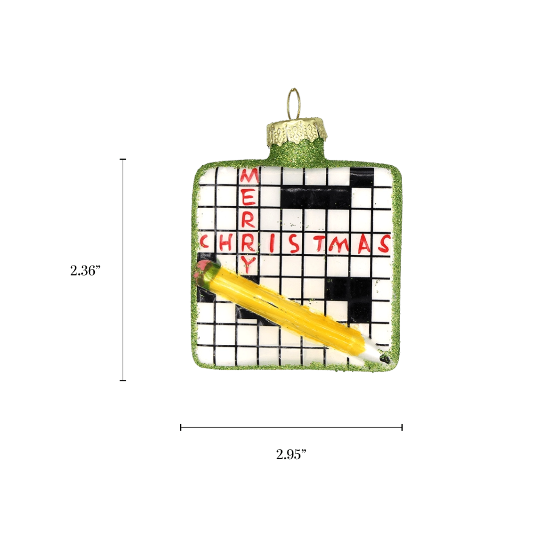 Chive glass crossword puzzle ornament with a dimension diagram showing its square shape.