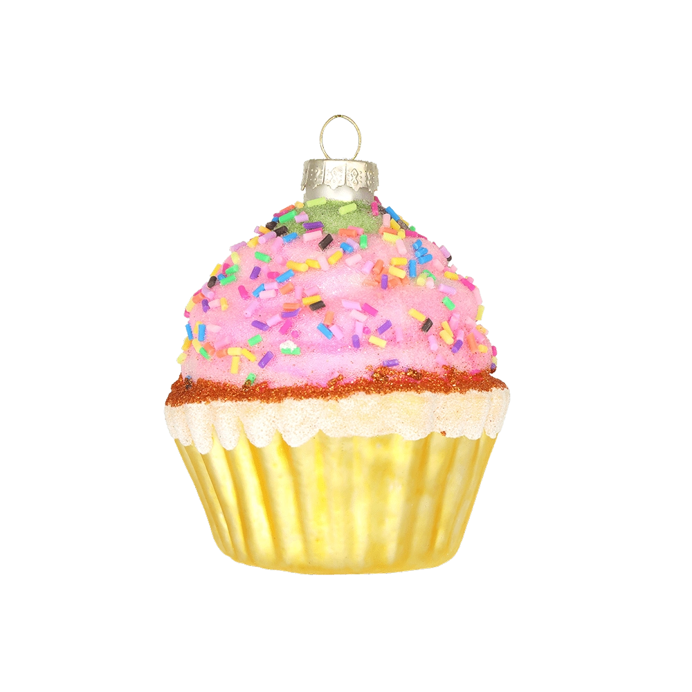 Chive glass cupcake ornament with pink glittered frosting and colorful sprinkle detail.
