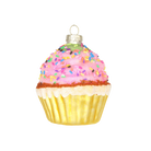 Chive glass cupcake ornament with pink glittered frosting and colorful sprinkle detail.