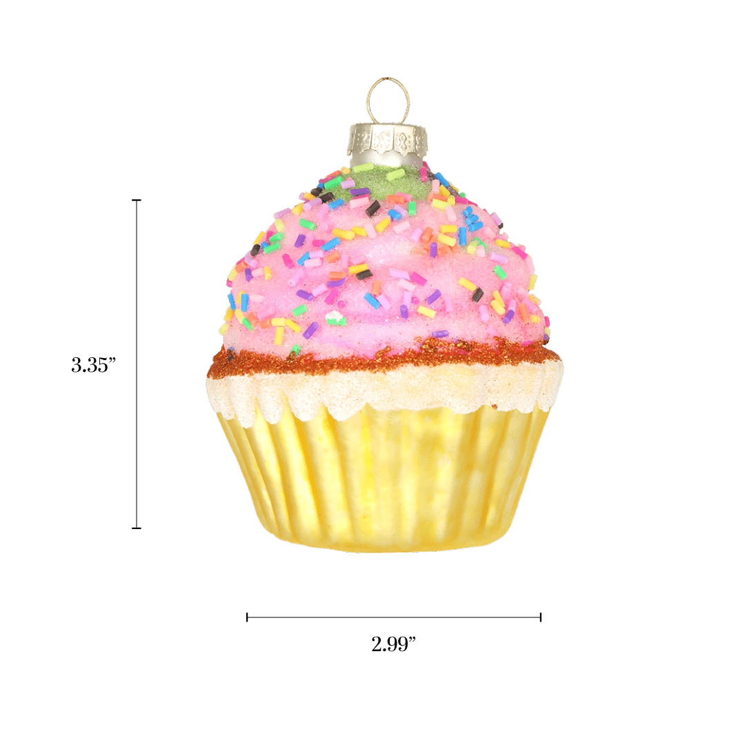 Chive glass cupcake ornament with a dimension diagram showing its rounded frosted top.