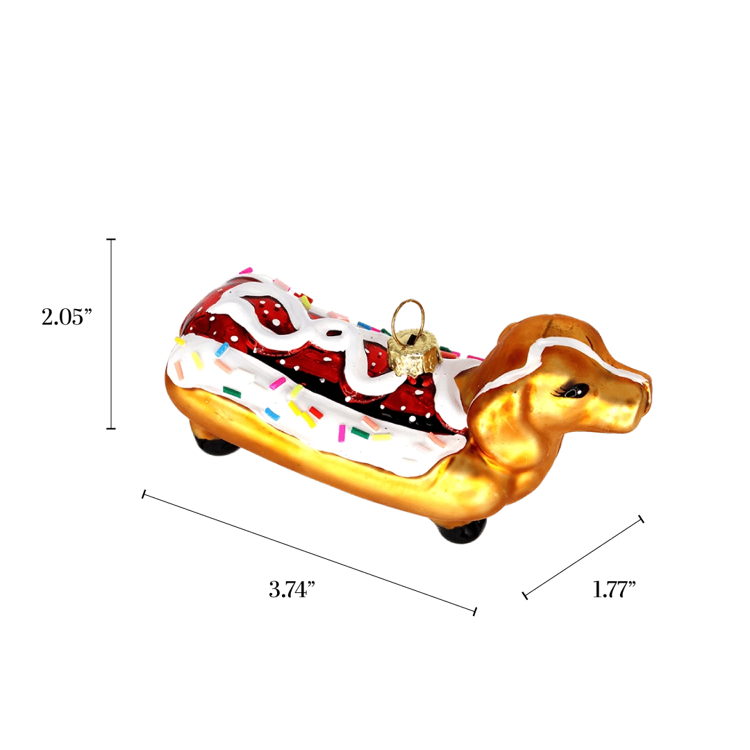 Chive glass dachshund ornament with a dimension diagram showing its long low size.