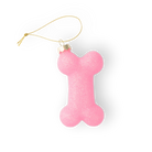 Chive glass dog bone ornament in pink with a gold cord hanger.