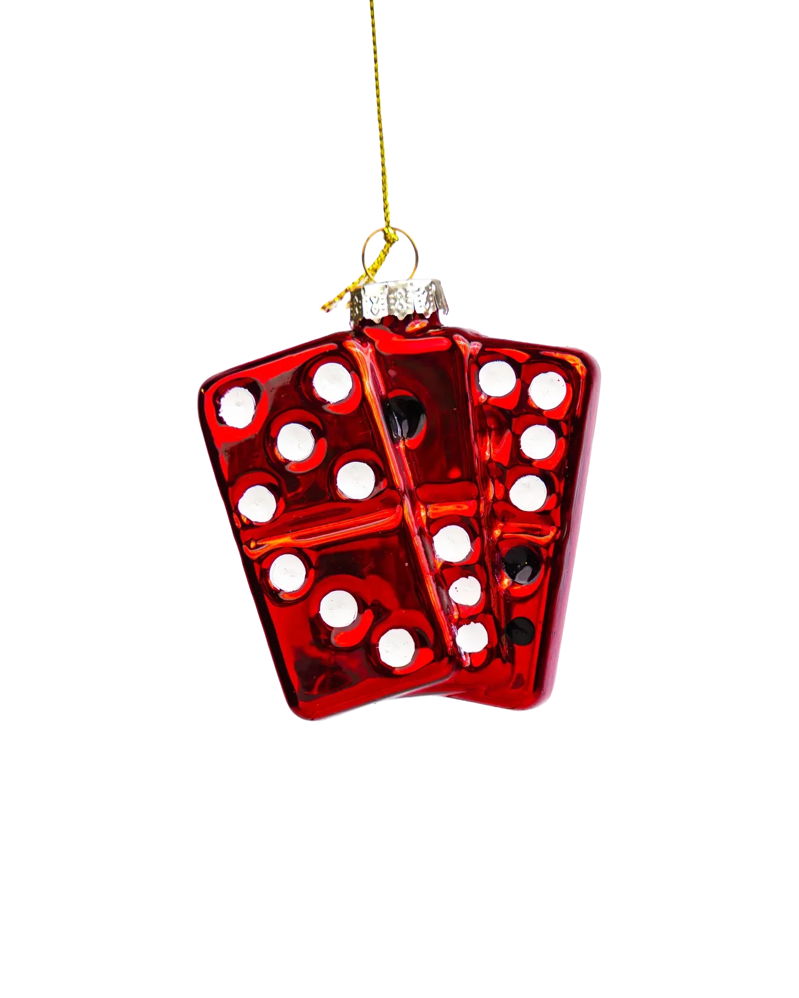 Chive glass dominoes ornament in red with white and black dot detail.