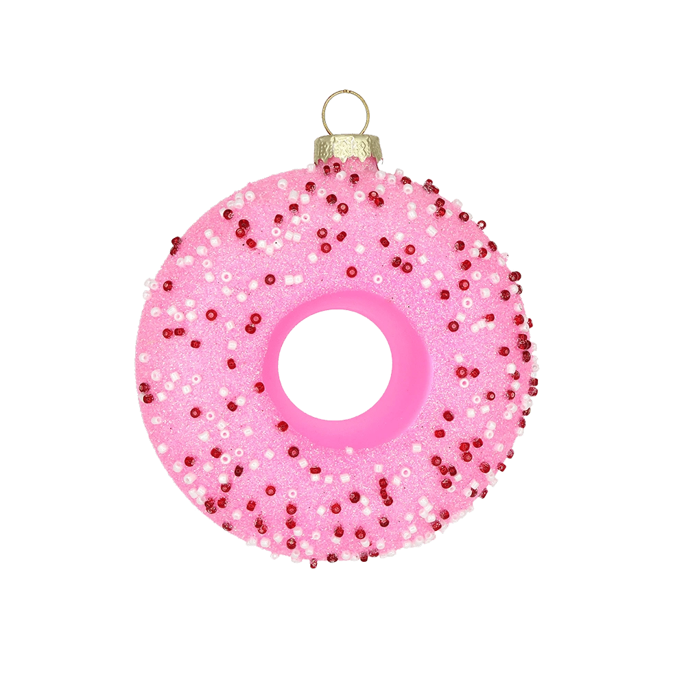 Chive glass donut ornament in pink glaze with red and white sprinkle detail.