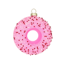 Chive glass donut ornament in pink glaze with red and white sprinkle detail.