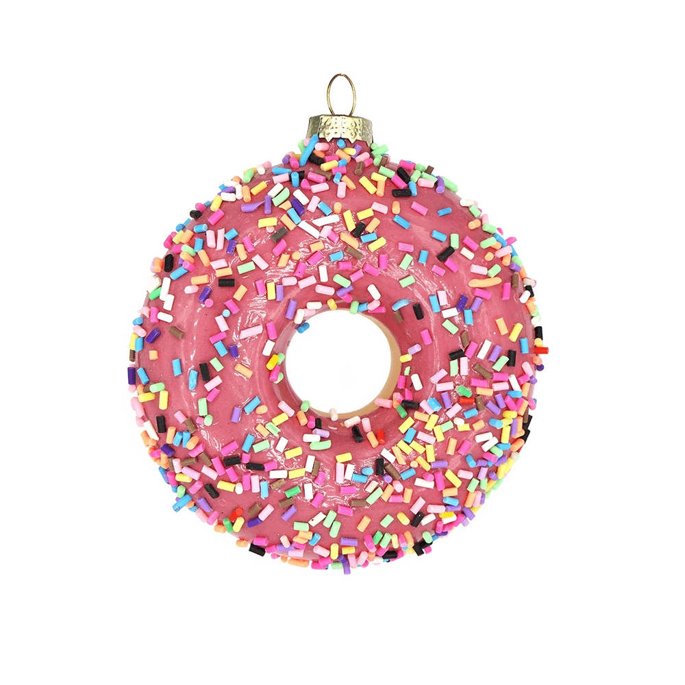 Chive glass donut ornament in pink with colorful rainbow sprinkles and a gold cap.