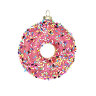 Chive glass donut ornament in pink glaze covered with rainbow sprinkles.